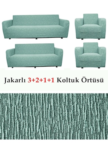 StarMall Jakarlı Çubuk, Düz Desen 3 2 1 1 Lastikli Koltuk, Kanepe, Çekyat Örtüsü, Kılıfı Esnekli Mint Yeşil
