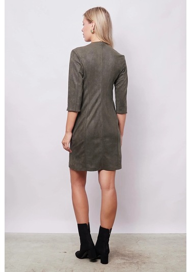 Kadın Kadife Likralı Yumuşak Dokulu Kruvaze Kapri Truvakar Kol Kolu Yırtmaçlı Ofis Ceket Elbise-haki Haki