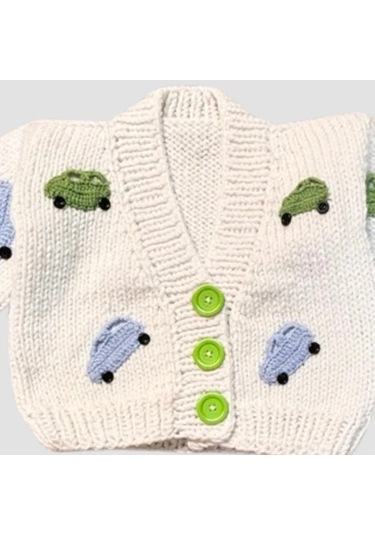 Uretti - Gülnur 2184 - 0374 El Örgüsü Araba Motifli Erkek Çocuk Hırka 3 Yaş - Beyaz Beyaz