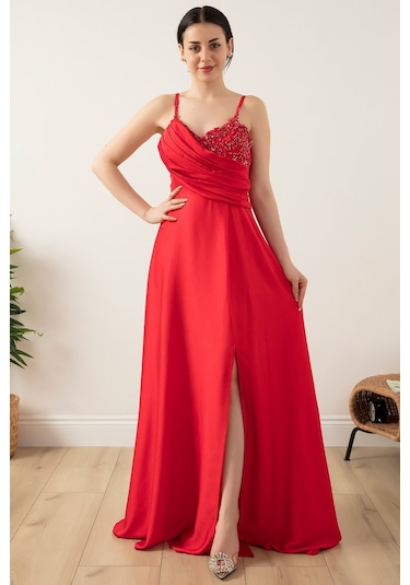 Kalopya Saten Krep Askılı Elbise 13415- Çok Renkli