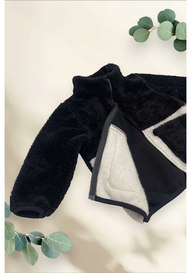 Kız Çocuk Peluş Siyah Ekru Cepli Fermuarlı Welsoft Kışlık Mont Siyah