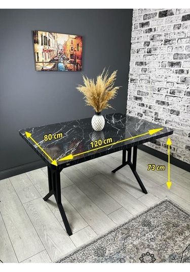 Sultan Siyah Mermer Mutfak Yemek Masası Balkon Masası Kavisli Köşe Metal Siyah Ayak 120 80 Cm