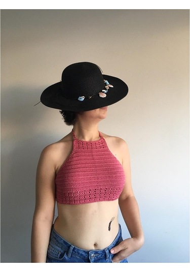 Tuyy El Örgüsü Özel Tasarım Pembe Renk Bikini Üstü Büstiyer