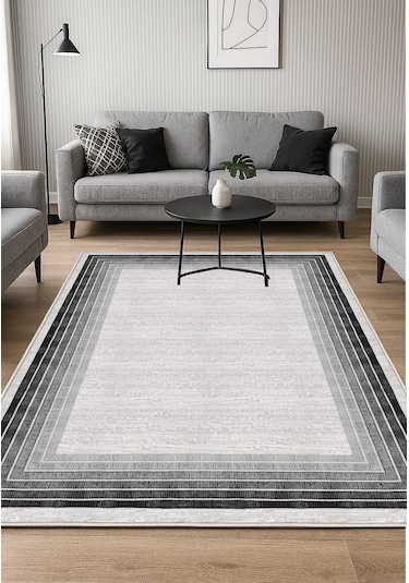 Siyah Gri Dijital Baskı Salon Halısı Kaymaz Tabanlı Yıkanabilir Halı Yolluk 529 Gri