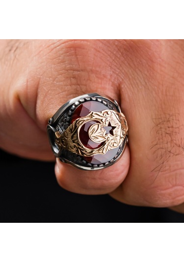 Ay Yıldız İşlemeli Kırmızı Zirkon Taşlı 925 Ayar Gümüş Erkek Yüzüğü Gümüş