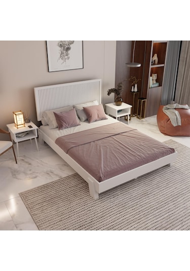 Alaz Model Beyaz Renk Çam Ahşap Karyola Ve İki Komodin Set Dikey -298 90 x 190