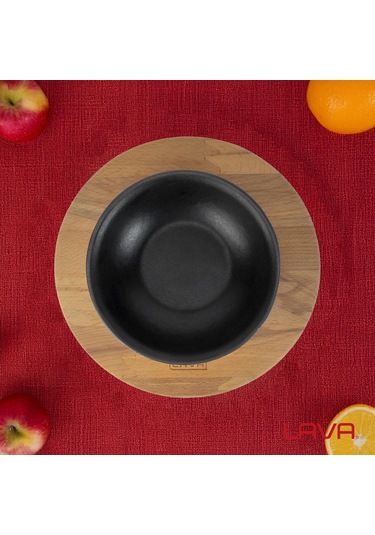 Lava Döküm Yuvarlak Çorba Kasesi Ve Kayın Servis Ahşabı. Çap Ø 14cm. Bordo