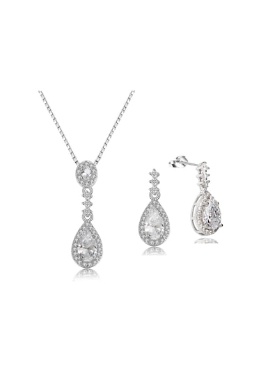 Brezza Lusso Jewelry Zirkon Taşlı Işıltılı Damla Diamond Kadın Gümüş Kolye Küpe Seti