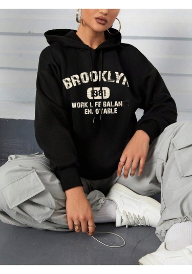 Coke Serisi Letter Graphic Drop Shoulder Drawstring Hoodie-trzksw546 Siyah