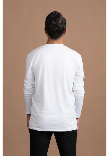 Regular Fit Bisiklet Yaka Rayon Kumaş Full Likralı Uzun Kol Sweatshirt Beyaz