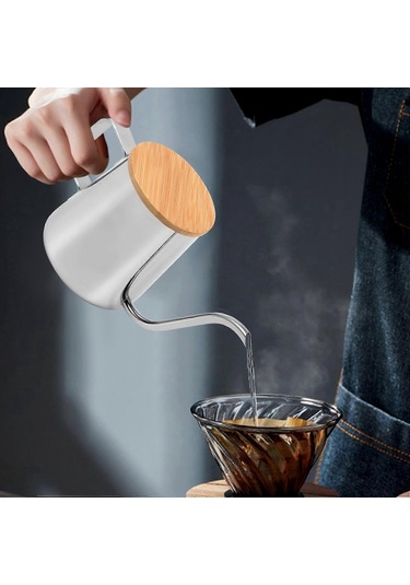 350 Ml Uzun Dar Ağızlı Kahve Potu Kaz Boynu Su Isıtıcısı Paslanmaz Çelik El Damlama Su Isıtıcısı Ahşap Kapaklı Kahve Ve Çay Potu Diğer