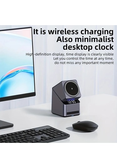 Topshop1 Gri 4ü 1 Arada Otomatik Donen Kablosuz Sarj Istasyonu Led Ekranli Masaustu Alarm Saati İphone 16 15 14 13 12 Serisi İwatch Uyumlu