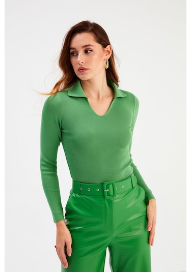 Sateen Polo Yaka Triko - Yeşil-132066 Yeşil