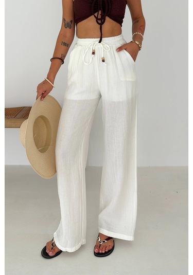 Beli Lastikli Geniş Paça Pantolon Beyaz Beyaz