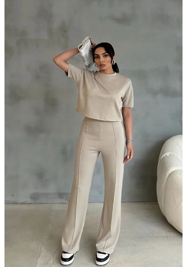 Modal Kumaş Yüksek Bel Pantolon Crop & Pantolon Takım Bej