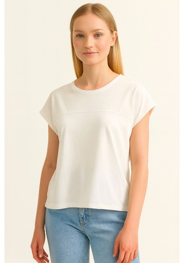 Kadın Beyaz Bisiklet Yaka Basic Kısa Kollu Bluz, Kadın Bluz Beyaz