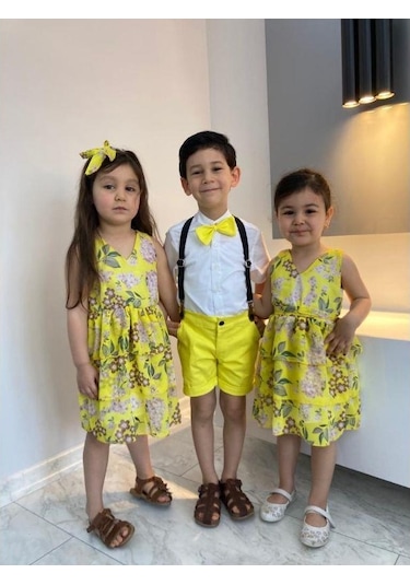 MODAVALS LİMON SARI KARDEŞ KOMBİN ÇİÇEKLİ KIZ ÇOCUK ELBİSE & BANDANA KOMBİN Sarı