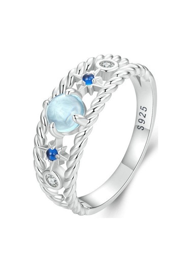 S925 Sterling Silver Platinum Plated Starry Hollow Ring, Size: No.6 Çok Renkli