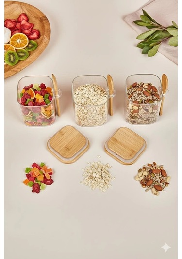 3 Lü Kaşıklı Cam Kavanoz Seti Baharatlık Saklama Kavanozu 450 Ml Çok Renkli