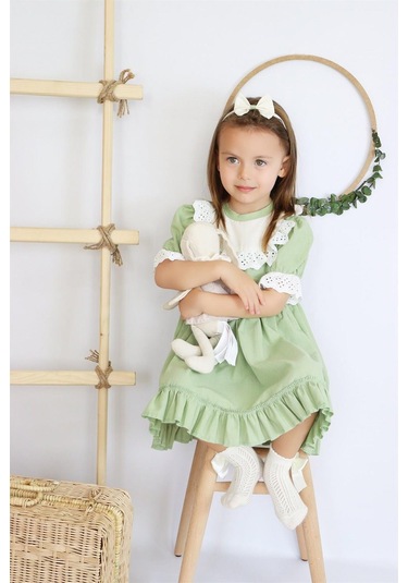 Kız Bebek Ruby Yeşil Fırfırlı Dantel Detaylı Kısa Kollu Elbise Bandana Takım Elb-0070.7 Yeşil