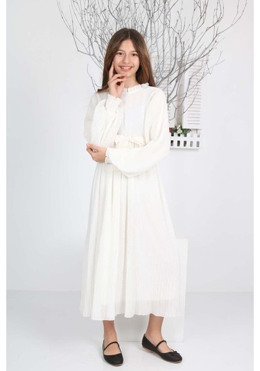 Kız Çocuk Uzun Boydan Pliseli Şifon Elbise Beyaz