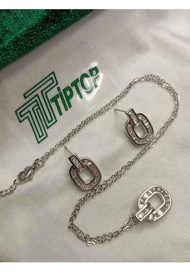 Tiptop/ Gümüş Renk Zirkon Taşlı Baget Kolye Ve Küpe Set Gümüş
