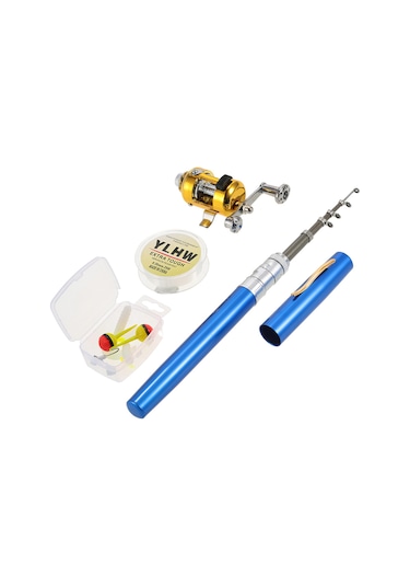 Folinda Mini Mavi Balıkçılık Seti: Aluminyum Çelik Kamış + Makine + İp + Yem Kutusu - Taşınabilir 99cm Uzunluklı