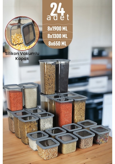 Silikon Kapaklı Erzak Bakliyat Saklama Kabı Kare Saklama Kutusu Seti 24 Adet 1900-1300-650 ML