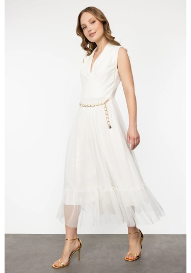 Ekol Kadın V Yaka Zincir Kemerli Elbise 4084 Ekru