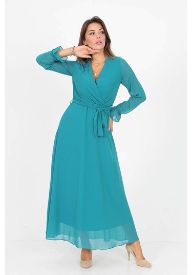 Kadın Kuşaklı Uzun Şifon Elbise Dpkts003 Petrol Mavisi