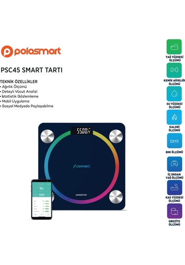Polosmart Psc45 Pilli Bluetooth Vücut Analizli Yağ Kas Su Ölçer Hassas Akıllı Tartı Baskül Lacivert