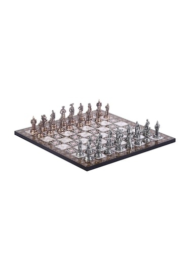 Orta Boy Metal İspanyol Satranç Takımı Antik Ve Sedef Desenli Mdf