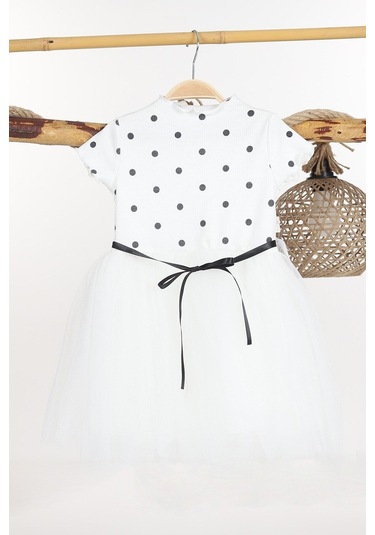 Puantiyeli Beyaz Doğum Günü Ve Özel Günler İçin Kız Çocuk Tüllü Elbise 2-7 Yaş Aralığı Beyaz