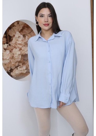 Kadın Mavi Oversize Uzun Basic Gömlek