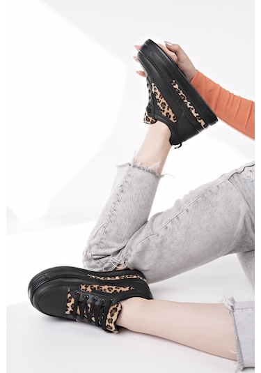 Muggo Zarina Kadın Kalın Taban Leopar Desenli Bağcıklı Günlük Sneaker Spor Ayakkabı Siyah
