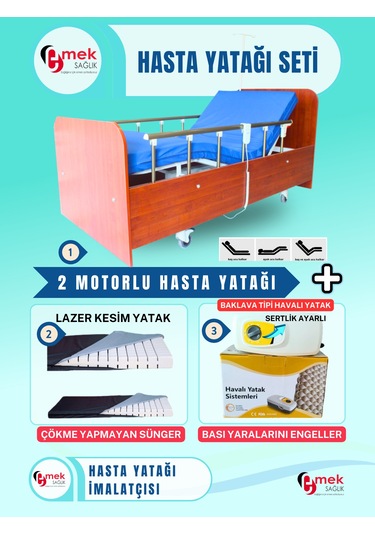 2 Motorlu Ahşap Hasta Karyolası Lazer Kesim Yataklı Set