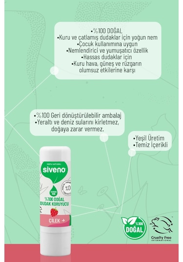 Siveno %100 Doğal Dudak Koruyucu Çilek Bitkisel Lip Balm Dudak Kremi Nemlendirici Parlatıcı Onarıcı 6 G