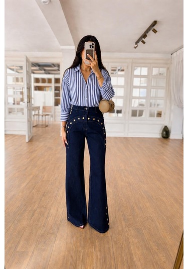 Lijuri Çizgili Oversize Basic Gömlek 3504 Lacivert