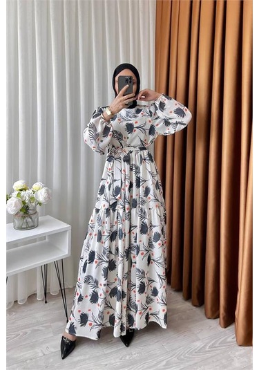 Neşeli Butik Kadın Keten Desenli Tesettür Elbise Sms002 - Siyah Siyah