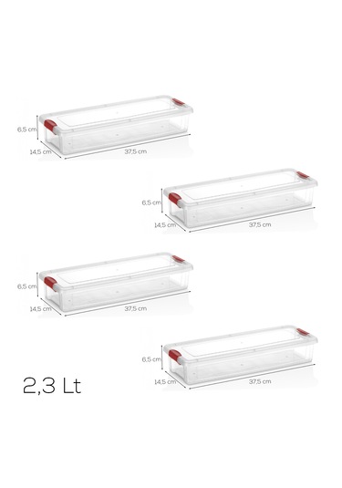 Porsima 455-4 4 Lü 2,3lt Kilitli Kapaklı Yiyecek Erzak Saklama Kabı Seti - Buzdolabı Düzenleyici Organizeri Şeffaf