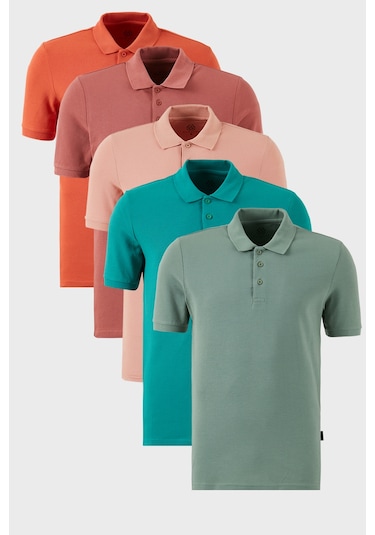 Buratti Pamuklu Regular Fit Düğmeli Polo Yaka 5'Li Paket Erkek T Shirt 5902127S5 Tarçın-Pudra-Benetton-Gül-Elma Yeşili