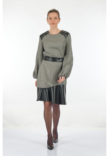 Unique Mode Yuvarlak Yaka Deri Detaylı Siyah Kadın Elbise Uw23350 001