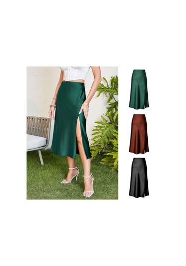 Yüksek Bel Saten Düz Renk Ayrık Uzun Büstiyer Etek Siyah