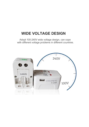 Hombey Evrensel Şarj Adaptörü, 4 Uluslararası Standart, 2 Usb, 2500w, Ateş Engelleme Pc/abs Plastik, Beyaz