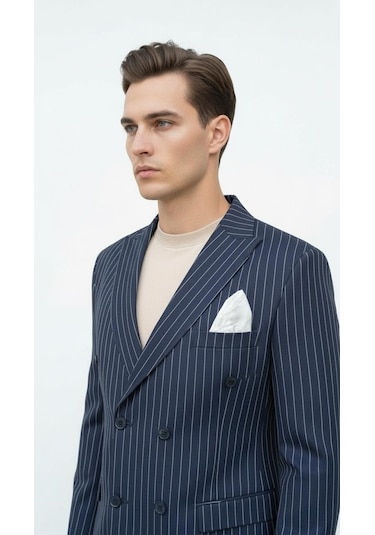 Plus Scorpion Lacivert Çizgili Erkek Kruvaze Blazer Ceket İtalyan Kesim, Modern Ve Klasik Şıklık Lacivert