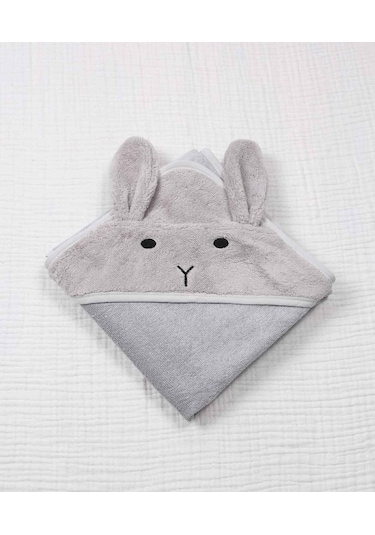 Cigit Kulaklı Tavşan Nakışlı Bebek Banyo Havlusu 75x75 Cm Gri 75 x 75