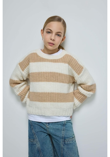 DeFacto Kız Çocuk Çizgili Bisiklet Yaka Triko Kazak A6009A824WNBG387 Bej