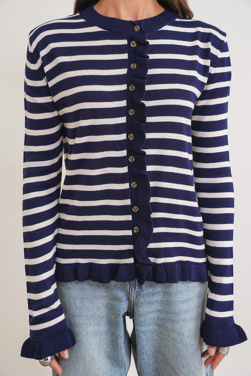 6965 Kadın Fırfır Detaylı Çizgili Triko Hırka Lacivert Lacivert