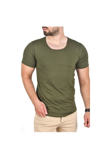 Deepsea Erkek Haki Geniş Yaka Likralı Tişört Oval Yaka Slim Fit Eteği Oval Açık Yaka T-shirt 1801199 Haki