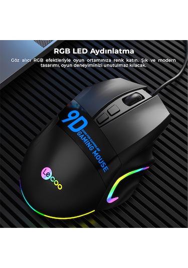 Lecoo MS130 Kablolu 7200DPI 9 Makro Tuşlu RGB Gaming Optik Mouse